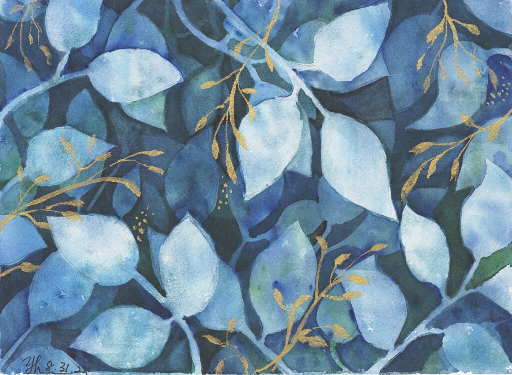 Abstract Leaves in Blue 9x12